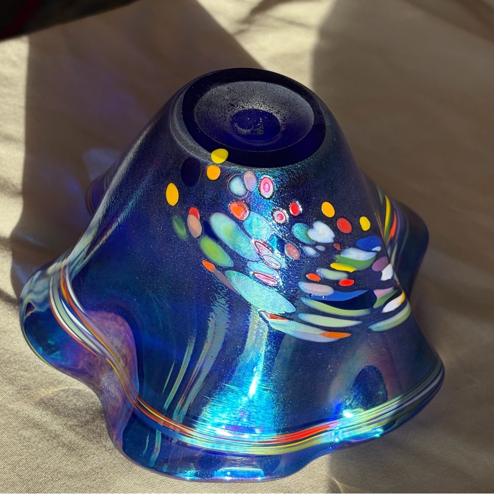 Iridescent art glass Mini Wave Bowl in the "Blue Rainbow Twist" Glass Eye Studio